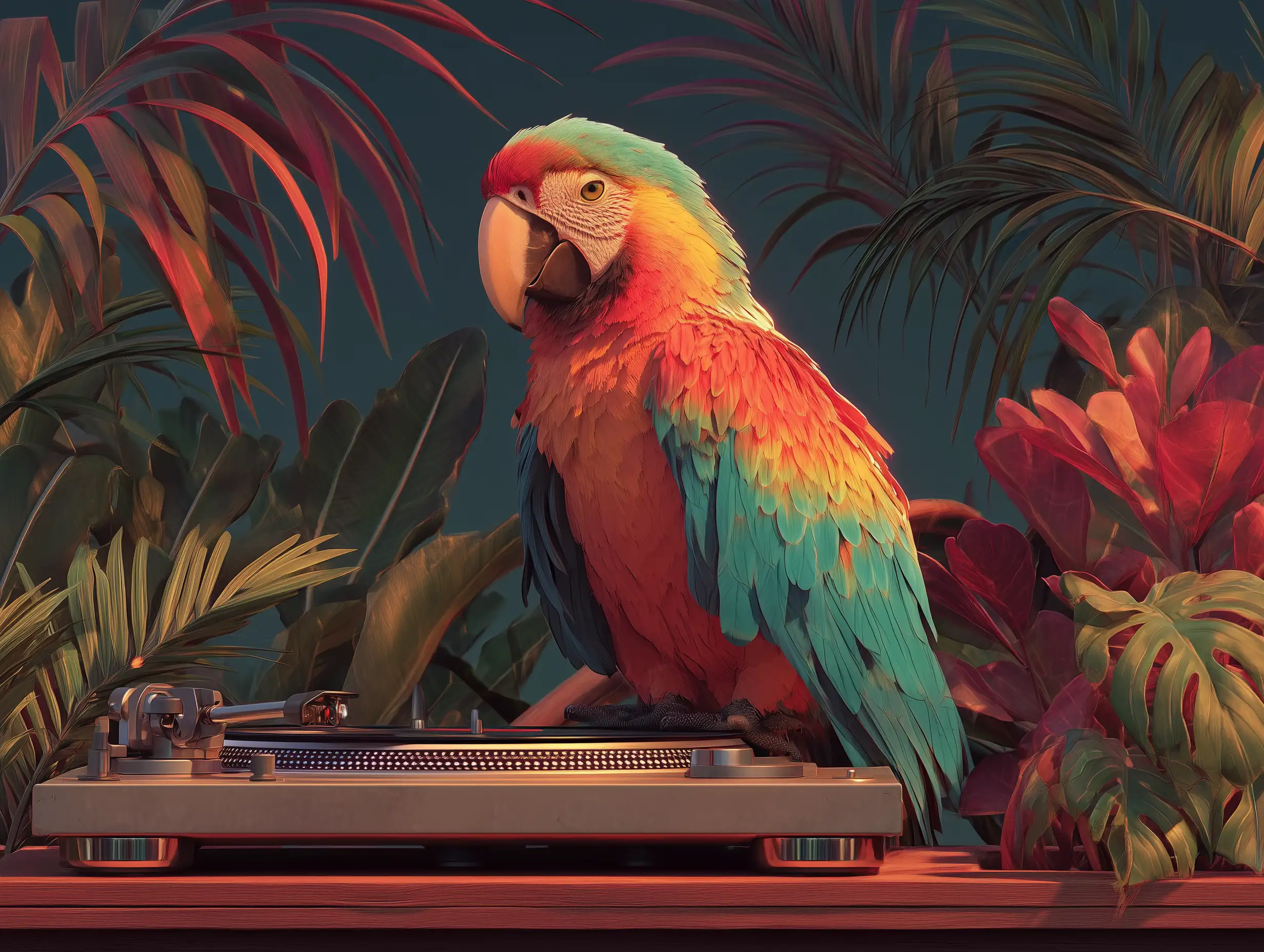 Colorful parrot DJ spinning vinyl records on a tropical stage with neon palm lights, energetic tropical vibe